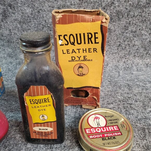Vintage ESQUIRE SCUFF-KOTE & Patent LEATHER Dye Shoe Polish Bottles & Boxes - Picture 9 of 11